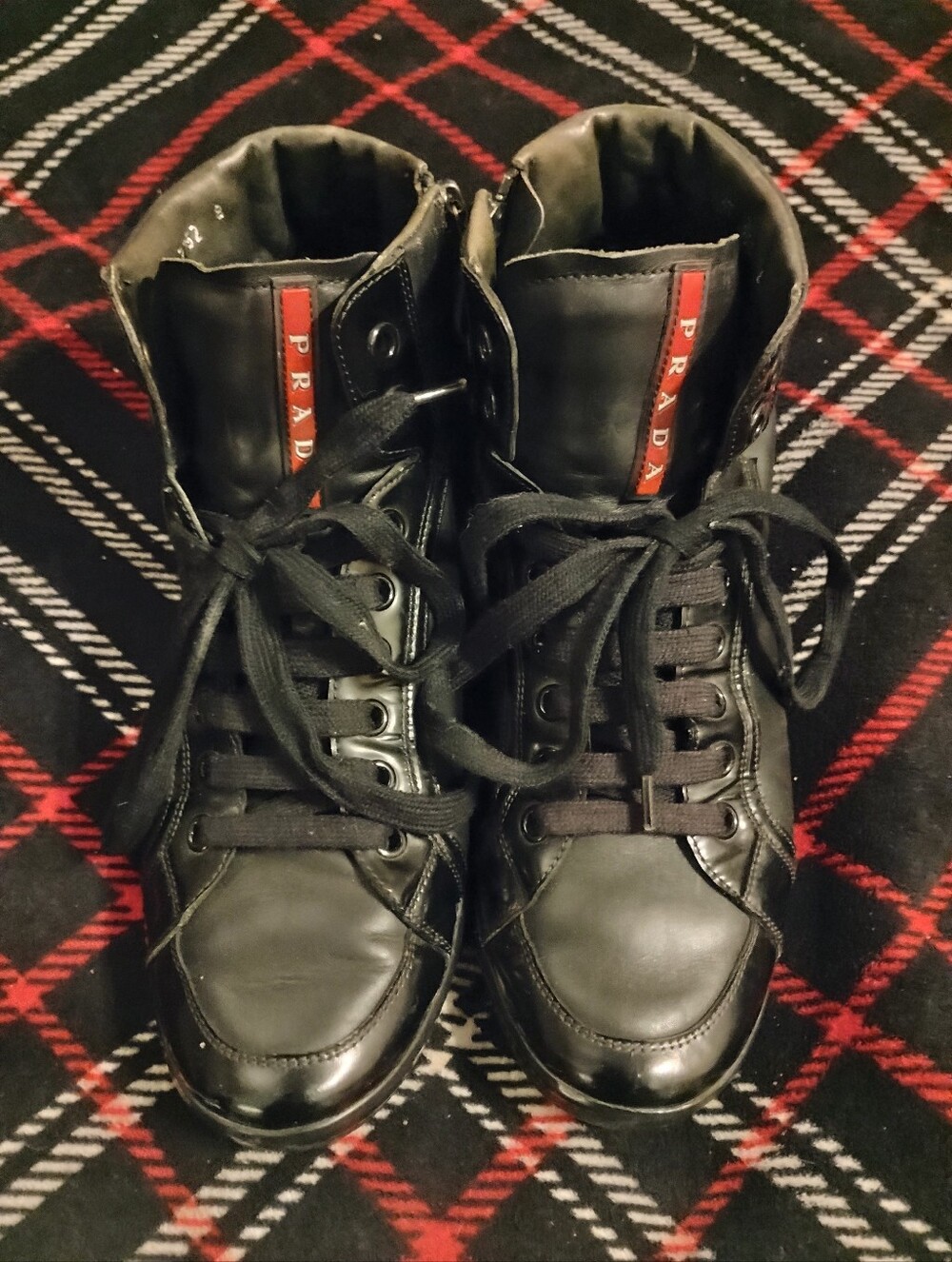 EUC Sleek Black Leather Prada Hi Top Sneakers Size 8